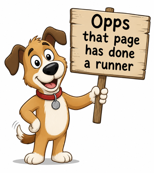 Image of a dog with sign saying opps that page has done a runner